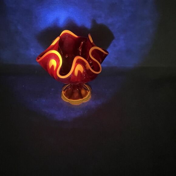 Vtg 70s L E Smith Amberina Glass Footed Pedestal Bowl Handkerchief 6 Finger Vase - Picture 2 of 10